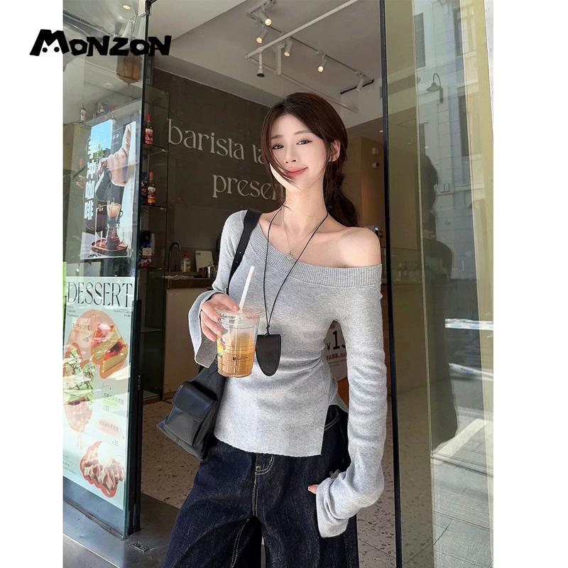 Đồ Len, Màu Xám, Không Dây, Vai Nghiêng, Dành Cho Nữ, Hàng Mới Về Mùa Thu 2024, Mỏng Vừa Vặn, Bó Sát, Tay Áo Dài, Áo Cô Gái Nóng Bỏng, Hợp Xu hướng, Phong Cách Ins 1