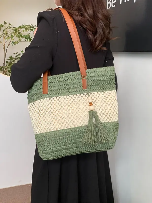 Women's Fashionable Straw Tote Bag, Large Capacity Shoulder Bag for Daily Used, Casual Trendy Versatile High-quality Daily Commuting Bag, Girl Fashionable Shopping Bag, Beaded Bags 7
