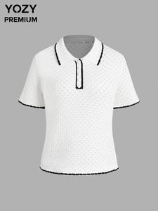 YOZY Women's Contrast Binding Button Front Tee, Casual Short Sleeve Collared T-shirt for Spring & Fall, Ladies Clothes for Daily Wear