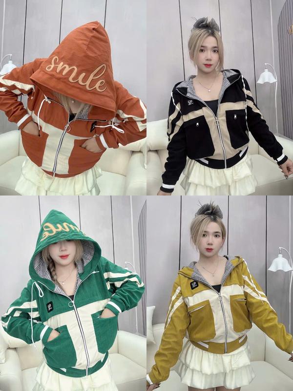 Áo Khoác Nữ Form Rộng - Áo Khoác Nhung Gân Thêu Chữ Phối 4 Túi 2 Lớp , Lót Caro full size ML Dưới 80kg. Jacket Top