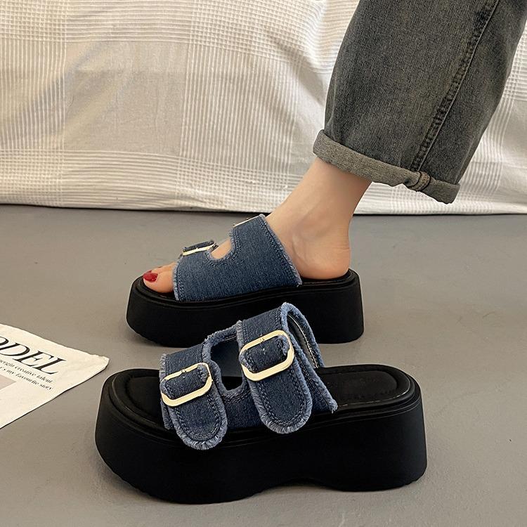 Dép Lê, JINxCHOY SHOES, Phong Cách Hàn Quốc, Mũi Tròn, Vải Denim, Đế Dày, Dành Cho Nữ, Thích Hợp Cho Mùa Lò Xo Và Mùa Hè, Có Thể Mặc Ngoài Trời, Giày Cao gót Thường Ngày Mới, Thời Trang Và Ngầu, SS24