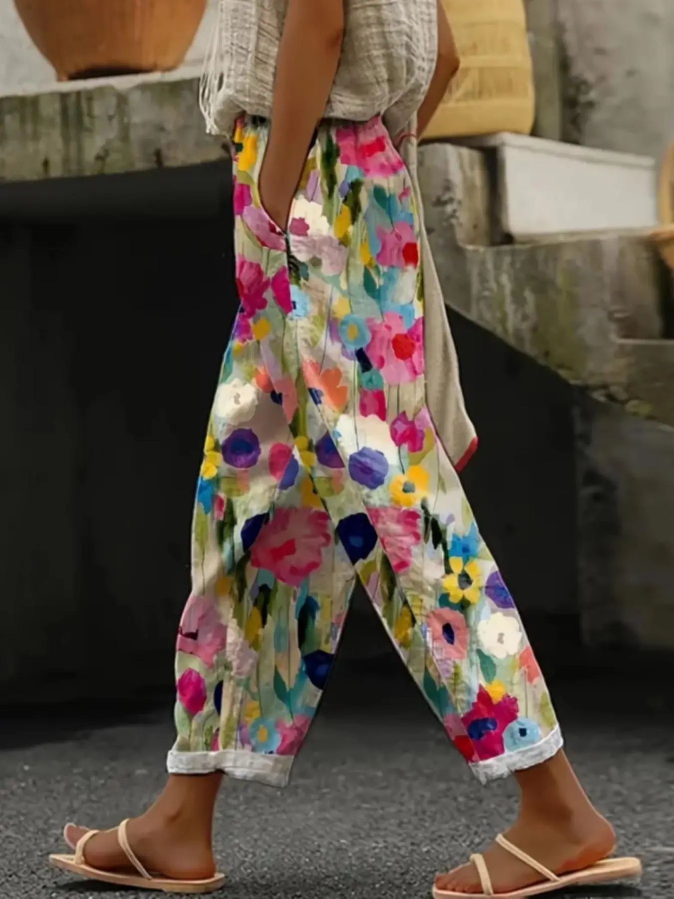 Women's All Over Floral Print Pocket Knot Front Straight Leg Pants, Casual Comfy Trousers for Daily Wear, Ladies Bottoms for All Seasons