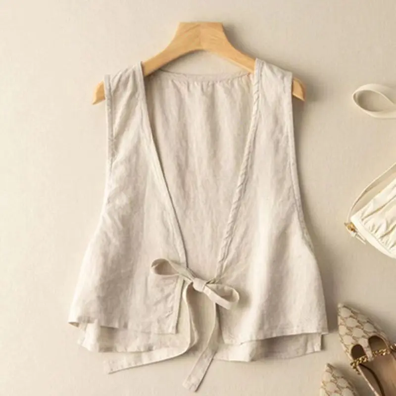 Áo Vest Vải Lanh Pha Trộn, Hàng Mới Về, Dành Cho Nữ, Vừa Vặn Thư Giãn, Quấn Phía Trước, Áo Không Tay, Áo Cánh Nghệ Thuật Màu Trơn Tối Giản, Thoáng Khí Và Phong Cách, Mảnh Áo Lớp, Thích Hợp Cho Thời Trang Mùa Hè, Hợp Xu hướng Và Thoải Mái