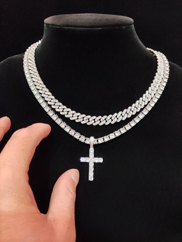 Luxury Artificial Zircon Cross Pendant Necklace & Rhinestone Cuban Chunky Chain Necklace, Sparkly Hip Hop Iced Out Bling Bling Punk Necklaces for Party Decor 8