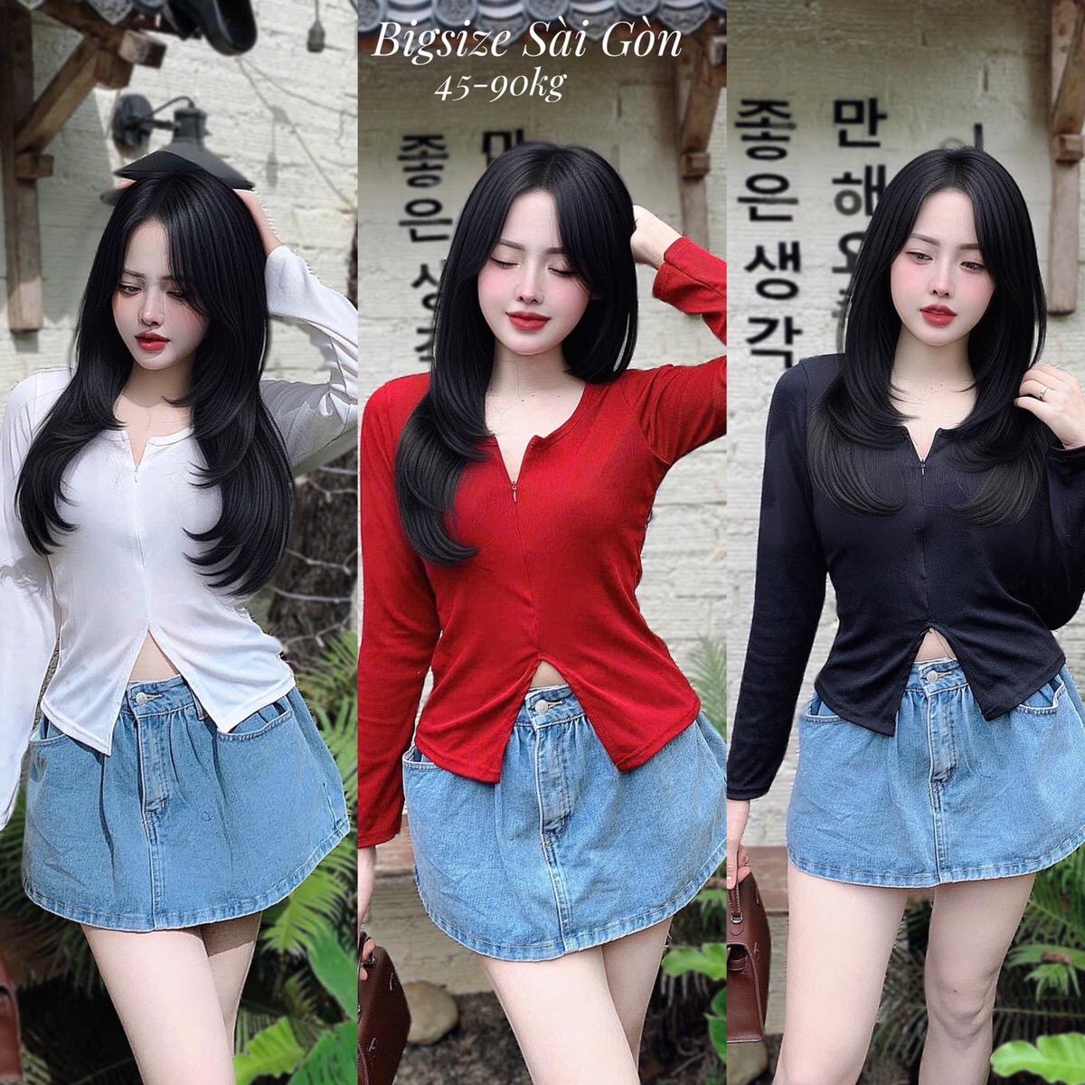Áo Thun Cổ Tròn Phối Dây Kéo Tay Dài Vải Thun Gân Tăm 45- 90Kg Bigsize Dễ Thương Top Nữ Women - B.1446