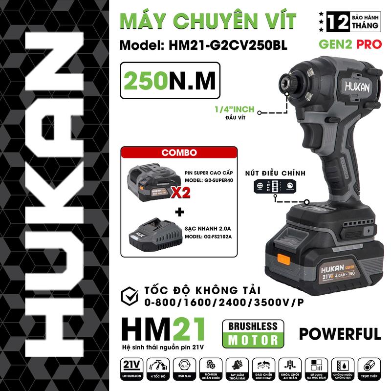 [HUKAN GEN2] Máy chuyên vít Hukan CV250BL cao cấp, lực siết 250N, 4 chế độ, 4 cấp chỉnh tốc tương thích vật liệu mỏng, dày đa năng