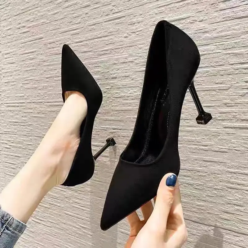 Giày Cao Gót Da Lộn Màu Đen Cho Nữ, Giày Cao Gót Mũi Nhọn Đa Năng Mới, Giày Lễ, Giày Công Sở