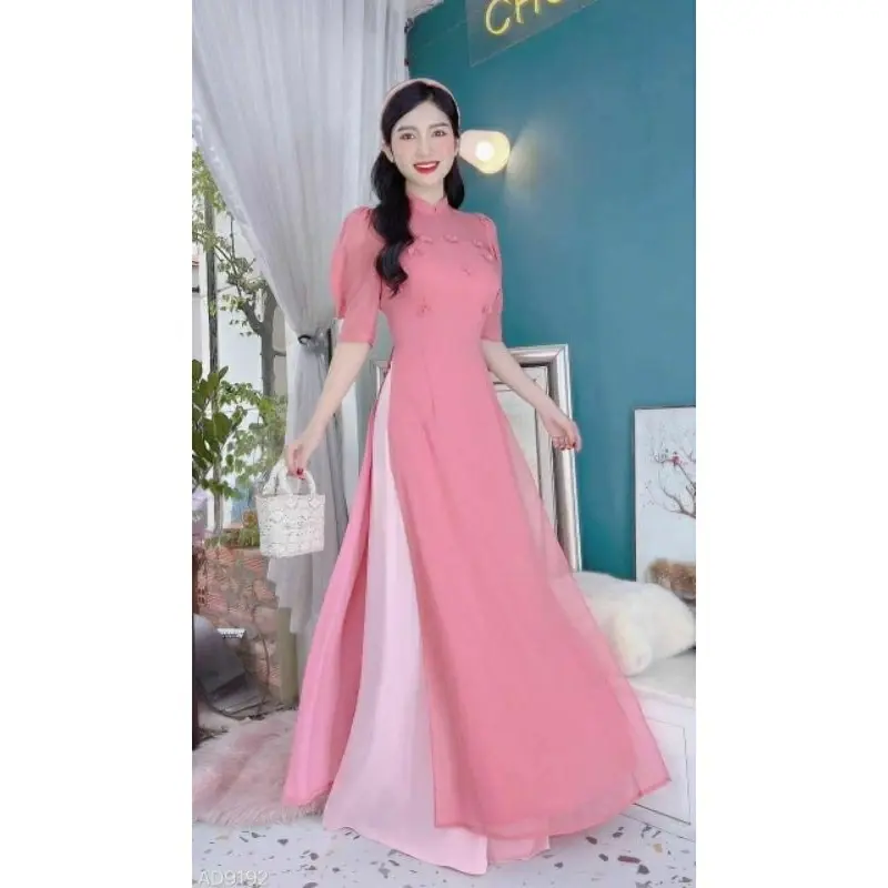 Set Áo Dài Cách Tân Tơ Trơn Đính Hoa Ngực Nổi Hàng Cáo Cấp Dành Cho Các Cô Nàng Xinh Đẹp - Áo dài Mieso