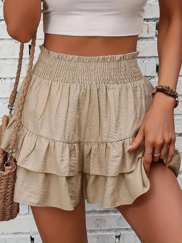 Women's Frill Trim Ruffle Hem Shirred Shorts, Boho Casual Shorts for Spring & Summer, Summer Shorts for Women, Back To School, Ladies Elegance Minimalist Shorts, Wide Leg Shorts for Women, Ruffle Shorts, Going Out Bottoms 0