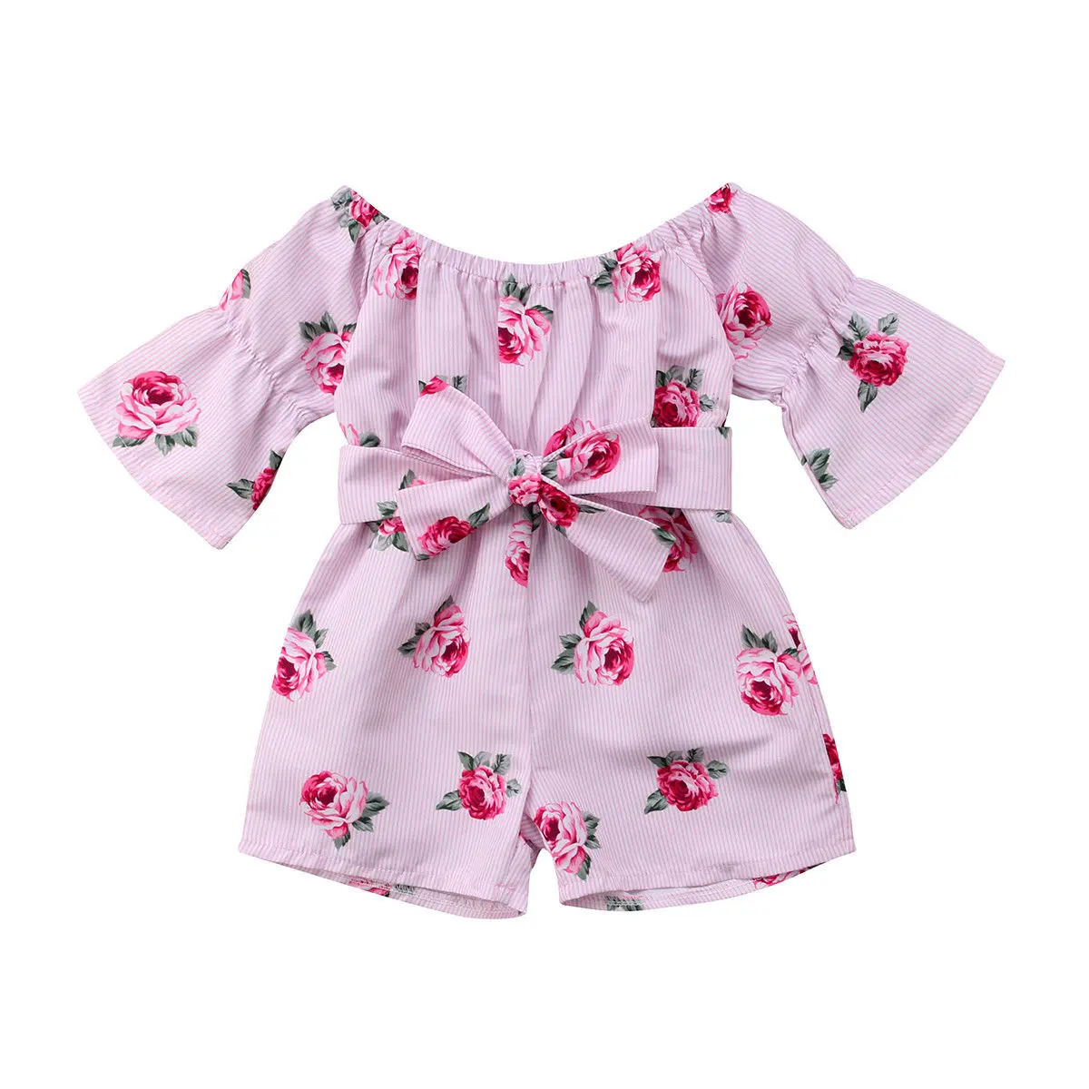 Girls Fashion Jumpsuit 6 M-5 Y Cute Floral Print Shoulder Length Style Bow Tie Belt Casual  Romper