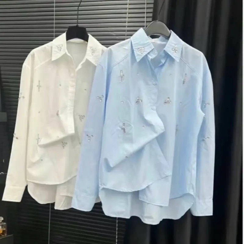 Áo sơ mi thô đính đá khâu tay tỉ mỉ 2 màu Có Cổ Nữ Women - Thương hiệu uy tín Shirt Top 4
