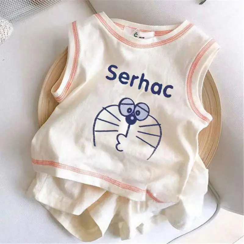 Bộ Đồ Vest Trẻ Em, Họa Tiết Hoạt Hình Dễ Thương, Dành Cho Bé Trai Và Bé Gái, Không Tay, Làm Bằng Cotton Nguyên Chất, Che Phủ, Bộ Đồ Hai Mảnh Dễ Thương, Thích Hợp Cho Mùa Hè, Hàng Mới Về 2025