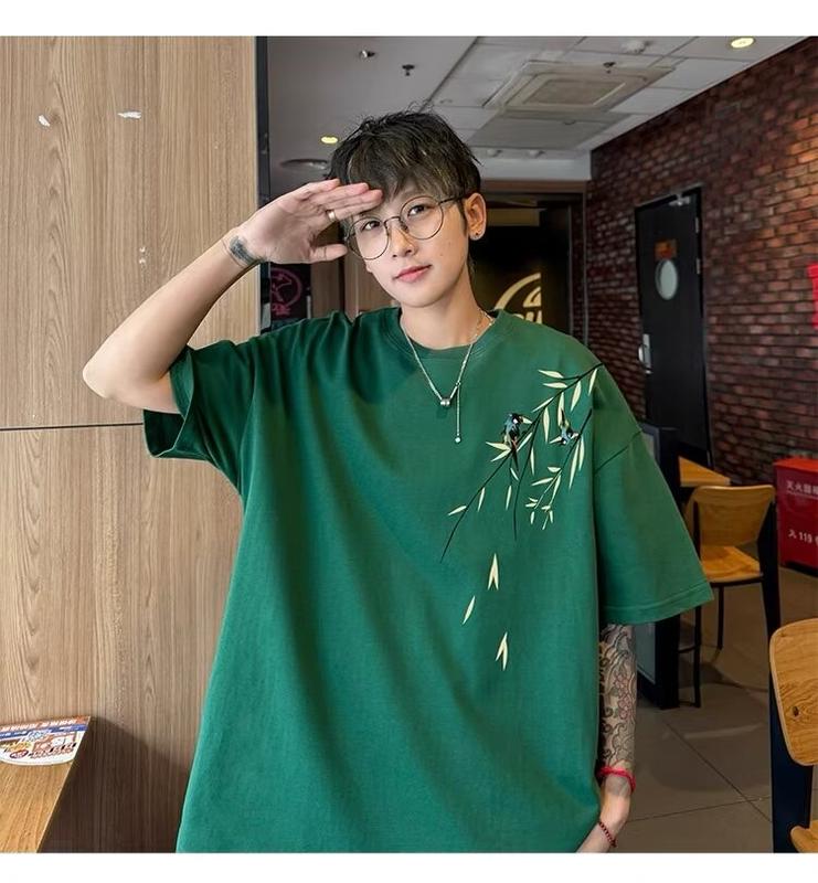 Product Introduction of Popular fashion bamboo print loose T-shirt cotton print short sleeve plus size tee for men 29