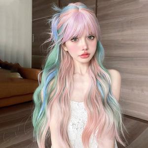 女性用カラーウィッグ,ロングカールヘア,フルヘッドタイプ,人工繊維,大きいきな波ウェーブ,コスプレウィッグ