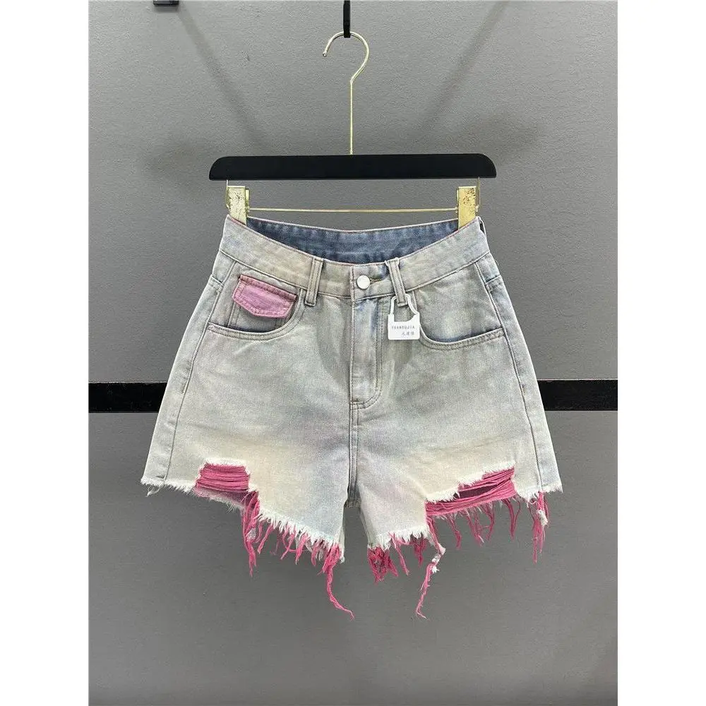 Quần Short Denim Rách Dopamine, Dành Cho Nữ, Cạp Cao, Chữ A Mỏng Vừa Vặn, Viền Thô, Ống Rộng, Thời Trang Mùa Hè 2024, Dễ Thương Và Gợi Cảm, Quần Hot Women Pants Ong Jeans