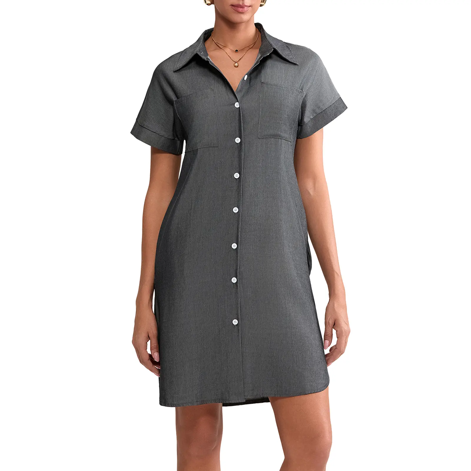 Women Denim Shirt Dress Button-down Pocket Curved Hemline Dresses