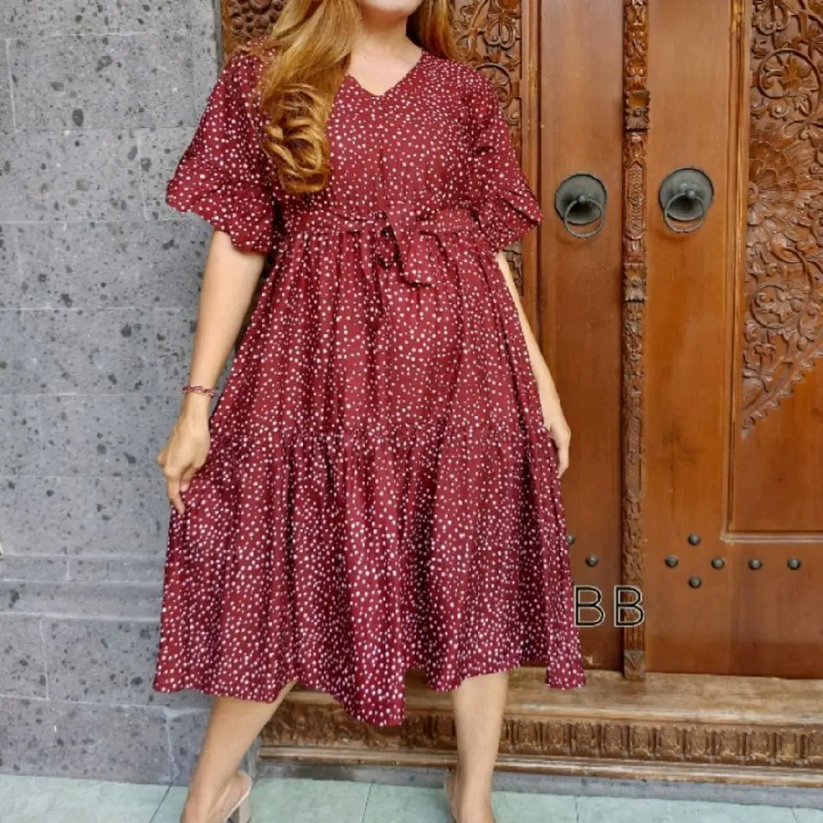 Daster Jumbo Dress Jenima Jumbo LD 120 motif polka dot Sleting Depan Dress Ibu Hamil Jumbo Tali Samping Baju Busui Daster Motif Polka dot bumil rayon