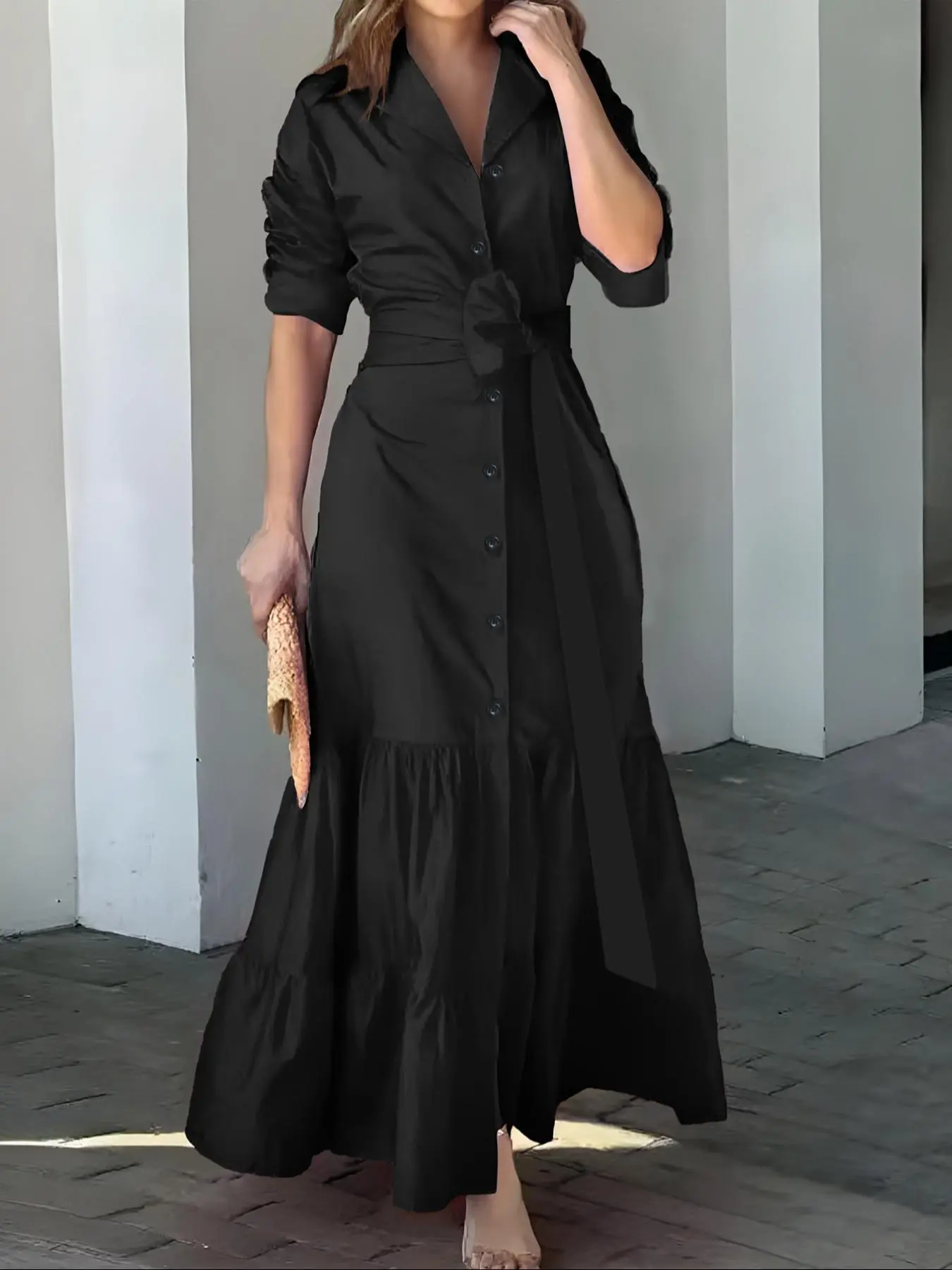 Women's Plain Ruched Button Front Ruffle Hem Shirt Dress, Chic Elegant Tie Front Long Sleeve Collared A Line Dress for Fall & Winter, Women's Clothing for Daily Wear