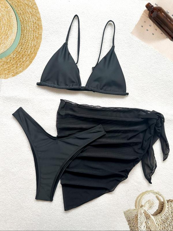 Three-Piece Set Women's Ditsy Floral Print Bow Decor Swimsuit Set, Summer Clothes Women, Adjustable Strap Triangle Bikini Bra & High Cut Bikini Panty & Asymmetrical Cover Up Skirt Set, Women's Swimwear 5