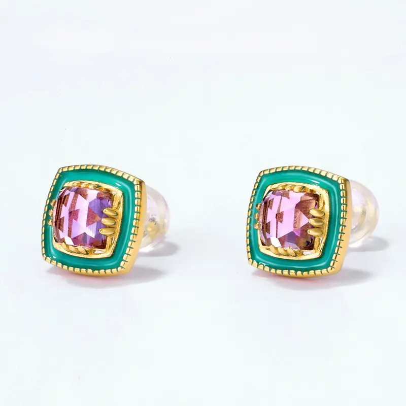 Bông Tai Đinh tán Họa Tiết, Thả Amethyst Tự Nhiên, Men Dầu Màu Xanh Lá Cây, Dành Cho Phụ Nữ, Bạc S925 Mạ Vàng, Bông Tai Đá Quý