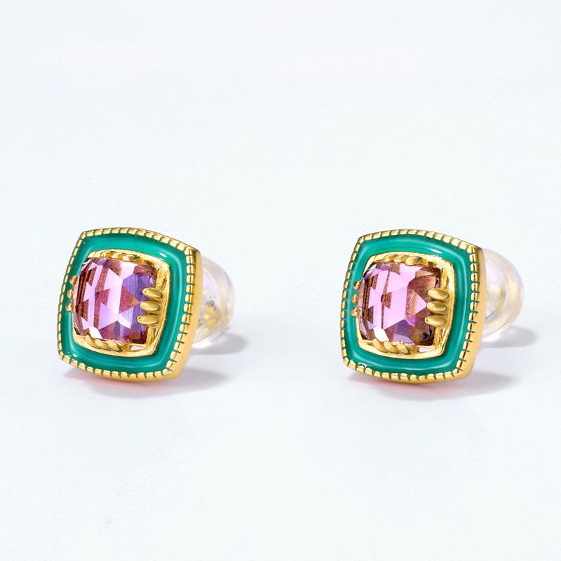 Product Introduction of Bông Tai Đinh tán Họa Tiết, Thả Amethyst Tự Nhiên, Men Dầu Màu Xanh Lá Cây, Dành Cho Phụ Nữ, Bạc S925 Mạ Vàng, Bông Tai Đá Quý 0