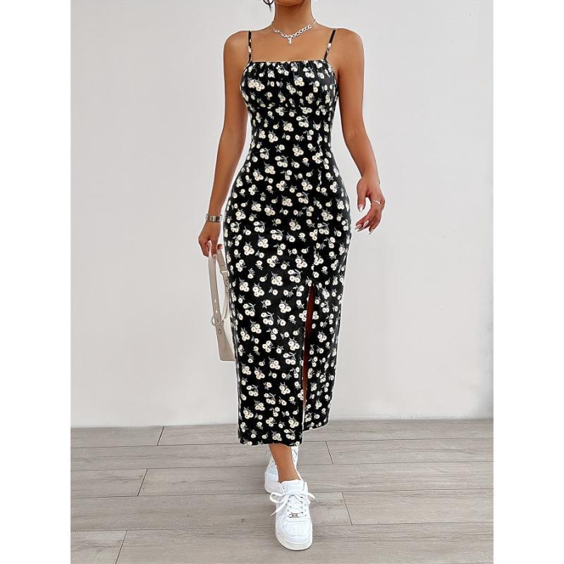Floral Print Split Hem Cami Dress, Elegant Sleeveless Spaghetti Strap Dress For Spring & Summer, Women's Clothing Formal Womenswear Workwear Comfort 2