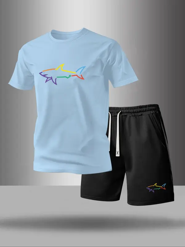 Men's Graphic Print Tee & Drawstring Waist Shorts Set, Casual Round Neck Short Sleeve T-shirt & Pocket Track Shorts, Men's Two-piece Outfits for Summer 3