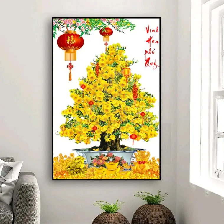 tranh hoa mai 3d dán trang trí tường ngày tết có keo sẵn mặt sau bóc dán