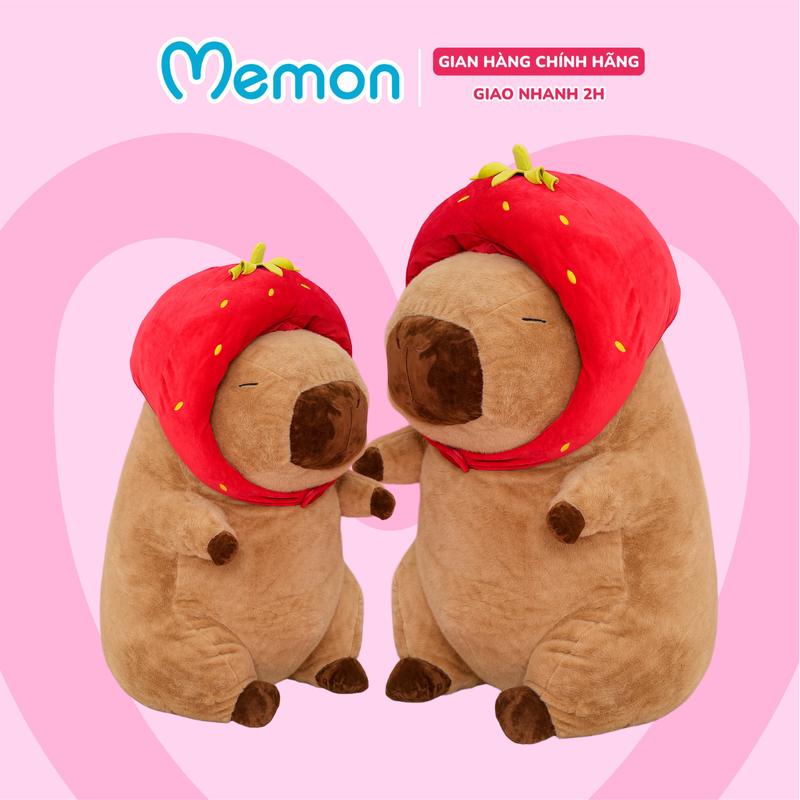 Gấu Bông Chuột Capybara Đội Mũ Dâu Nhồi Bông Gòn Mềm Mịn Cao Cấp Memon