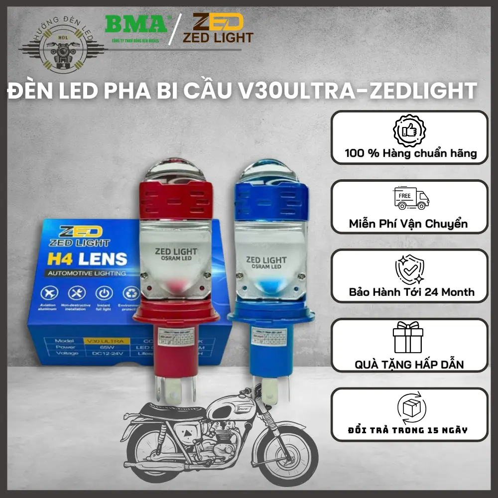 Đèn Pha LED Bi Cầu V30ULTRA-ZEDLIGHT 65W Ánh Sáng Vượt Trội Trợ Pha Laser 12-24V Điện Bình Đèn