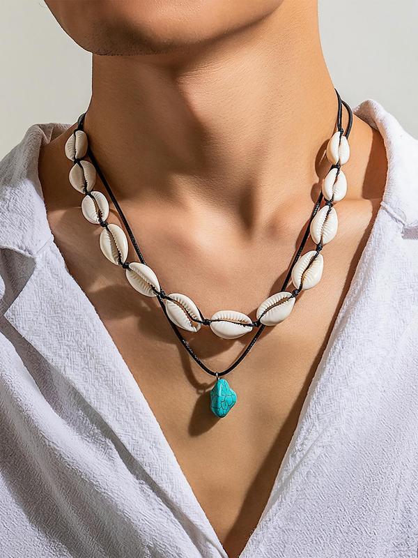 Men's Boho Style Shell & Clay Beaded Design Necklace (5pcs/set), Fashionable Beaded Necklaces for Men, Casual  Trendy All-match Jewelry As Birthday Gift 4