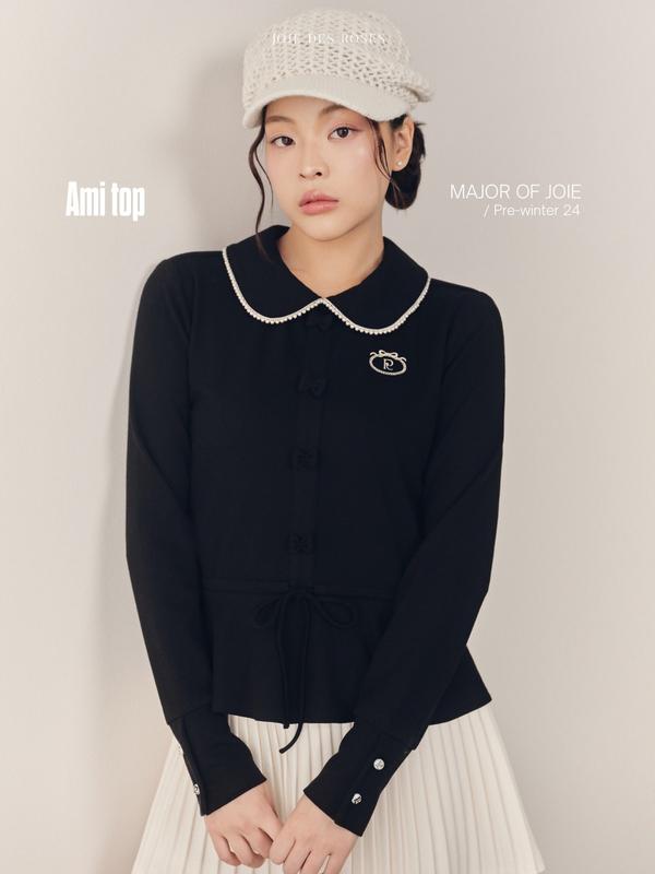 JOIE DES ROSES - Áo dài tay đen cổ sen phối ngọc trai Ami Top