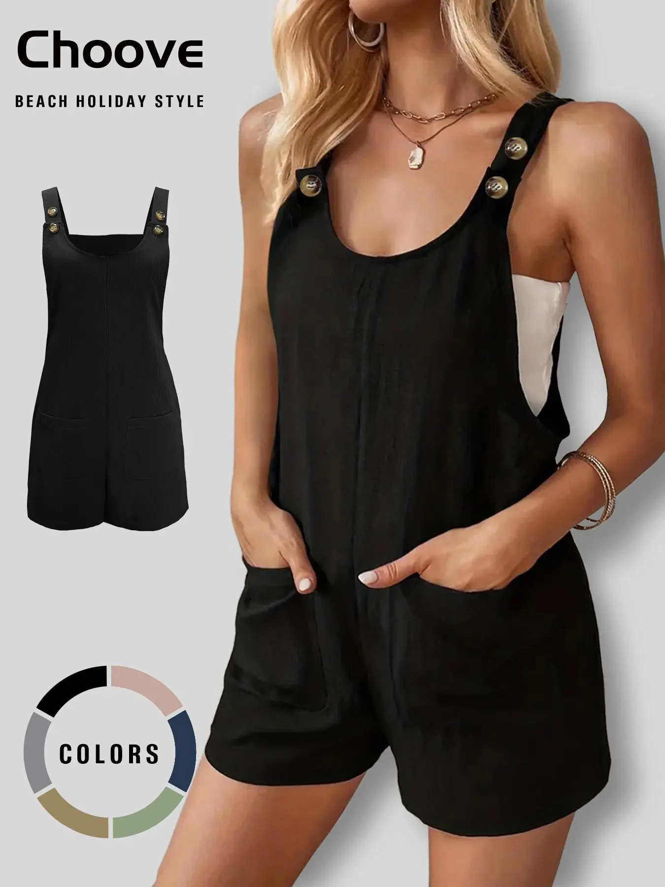 Women's Plain Button Pocket Tank Romper without Tube Top, Casual Scoop Neck Sleeveless Romper for Summer, Fashion Women's Clothes for Daily Wear, Overalls
