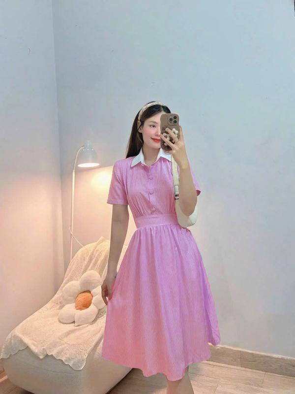 Đầm sơ mi sọc nữ nút bọc tay phồng phối cổ cách điệu trắng Women Dress ● xám ● áo chui đầu váy thường mặc váy suông sang chảnh