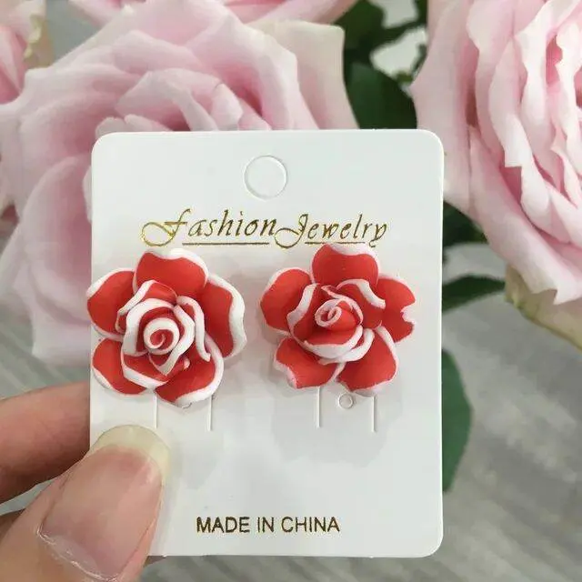 Anting Hijab Strip Rose Bunga Mawar Stud Earring Gaya Korea Putih Wanita Resin 2