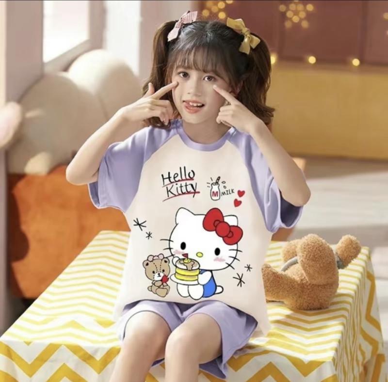  Sét bộ quần áo Hello kyty Thời Trang Bé Gái Mẫu Coromi  đáng yêu dành cho bé gái chất vải tici size 9-45 kg   mã 0111   bộ cộc tay phong cách đáng yêu 