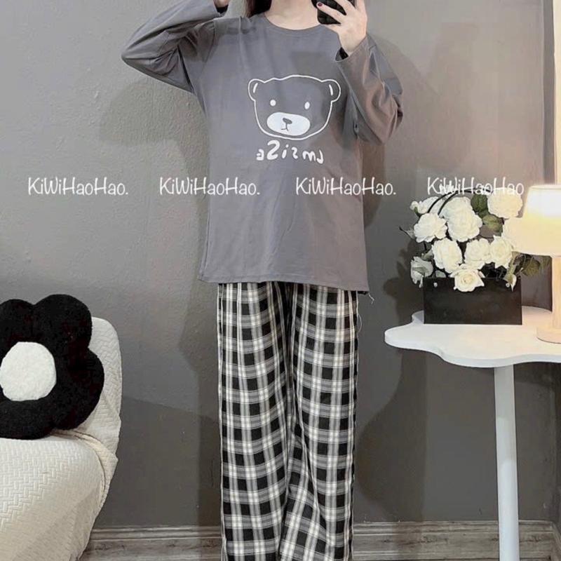  Sét áo phông dài tay in hình quần kẻ cho bầu,chất cotton co giãn thoải mái 