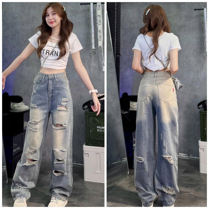 Product Introduction of Quần jean ống suông rách lua rua loang màu QC 4