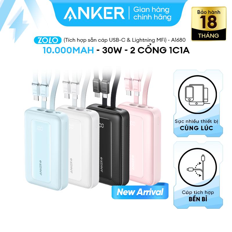 [Anker Zolo] Pin sạc dự phòng Anker Zolo 10kmAh & 20kmAh | Tích họp sẵn 2 cáp USB-C 30W & cáp Lightning đạt MFi 27W | 2 cổng 1C1A hỗ trợ sạc nhanh cho iPhone Android | Sạc nhanh nhiều thiết bị cùng lúc - A1680/A1681 Sạc Pin Pin Dự Phòng