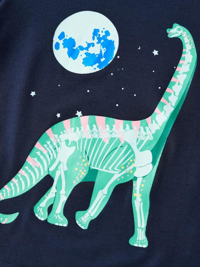 Product Introduction of Toddler Boy's Luminous Reflective Earth & Dinosaur Print Tee, Cute Short Sleeve Crew Neck T-Shirt, Kids Summer Clothes 16