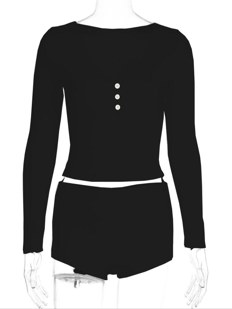Product Introduction of Women's Solid Button Front Crop Tee & Elastic Waist Shorts Set, Casual Long Sleeve V Neck Top & Shorts Two Piece Set For Daily Wear, Ladies Clothes For All Seasons 6