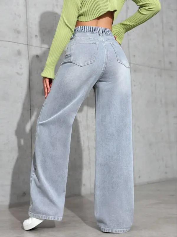 Women's Plain Wide Leg Denim Jeans, Casual Comfy Pocket Button Fly Trousers for Daily Wear, Ladies Bottoms for All Seasons, Pants, High Rise Jeans 7