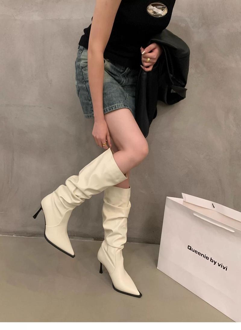Product Introduction of 2025 Pointed Toe White High-Heeled Western Boots Female Boots New Spring Summer Slimming Pile Style Knight Spring And Autumn Boots 5