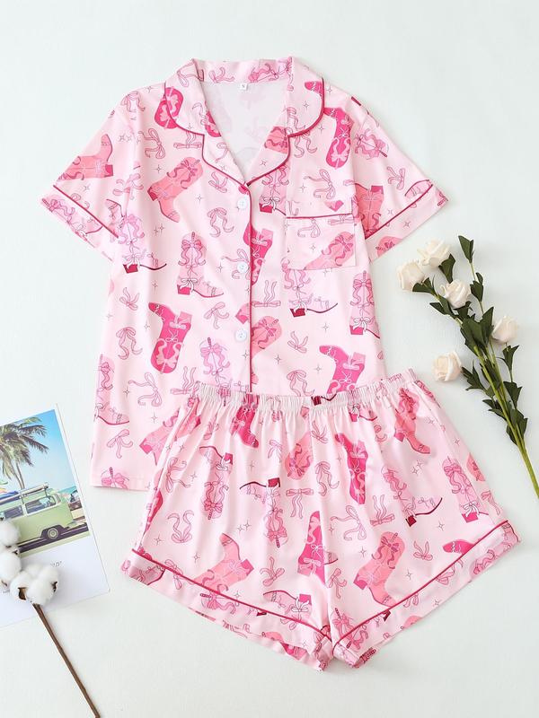Women's All Over Print Lapel Shirt & Elastic Waist Shorts Pyjama Two-piece Set, Casual Comfy Short Sleeve Pocket Button Up Top & Shorts PJ Set, Ladies Summer Sleepwear, Loungewear 4