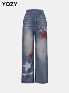 YOZY Women's Star & Denim-effect Print Pocket Straight Leg Pants, Casual Button Fly Trousers for Daily Wear, Ladies Bottoms for All Seasons