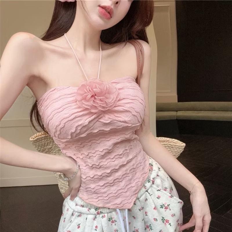 Áo yếm đính bông hồng cột dây nơ cổ. Áo ống nữ vải xốp nhật cotton mã s1