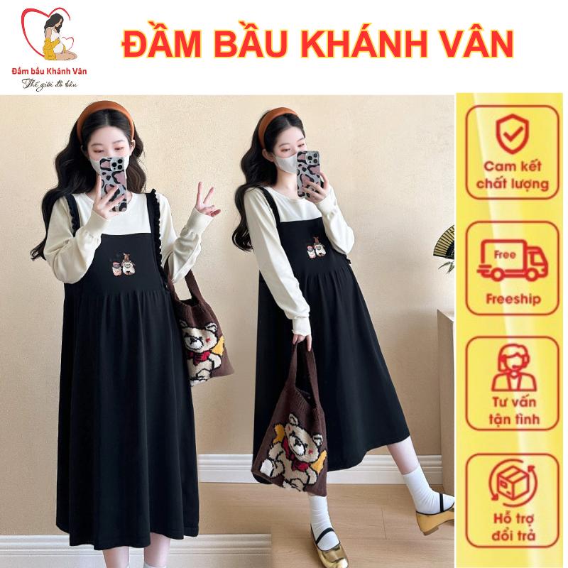 Váy đầm bầu giả yếm dài tay, đầm bầu thu đông hàng thiết kế thêu tinh xảo dáng dài TO75 set yếm Nút Black set yếm Váy Bầu set yếm đầm bầu yếm bò