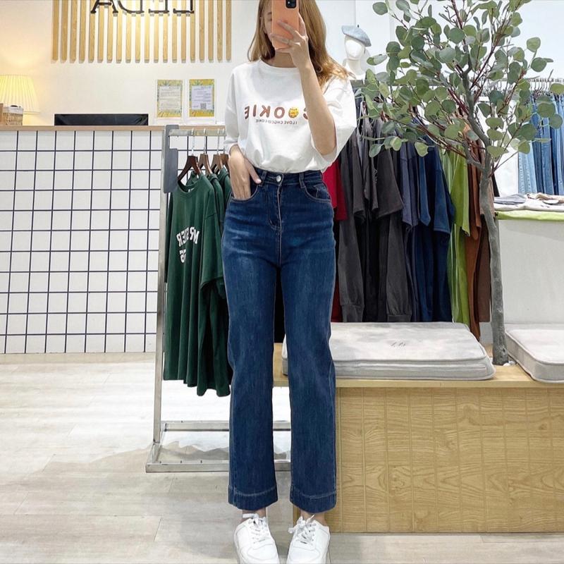 Quần jean ống đứng nữ trơn co giãn may lai