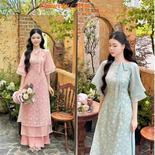 Áo dài cách tân Đồ mặc Tết Set áo dài du xuân Voan tơ hoa tay tầng cột nơ mix quần dài Tuyết Nhung thích hợp cho chị em diện đi chơi Tết đi chùa lễ lộc chụp ảnh xinh đẹp dịu dàng
