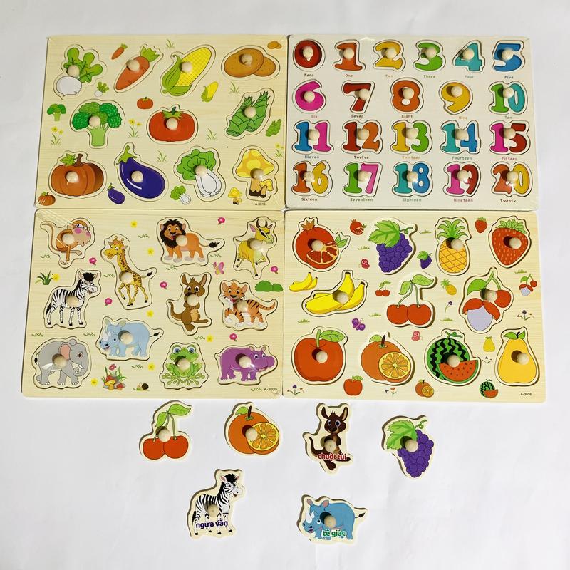 Đồ chơi lắp ráp bằng núm gỗ số chữ cái động vật rau củ giúp phát triển kỹ năng trí tuệ cho bé